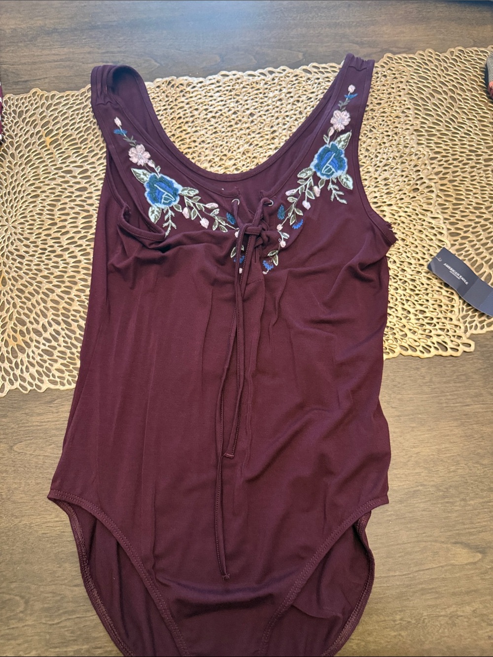 American Eagle Outfitters Burgundy Embroidered Lace-Up Bodysuit